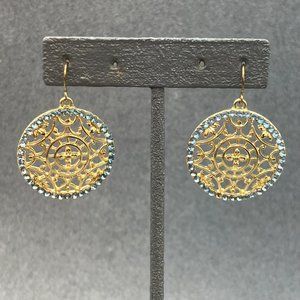 Dangle Pierced Earrings Mandala Gold Blue Rhinestone Openwork Exotic Retro BoHo